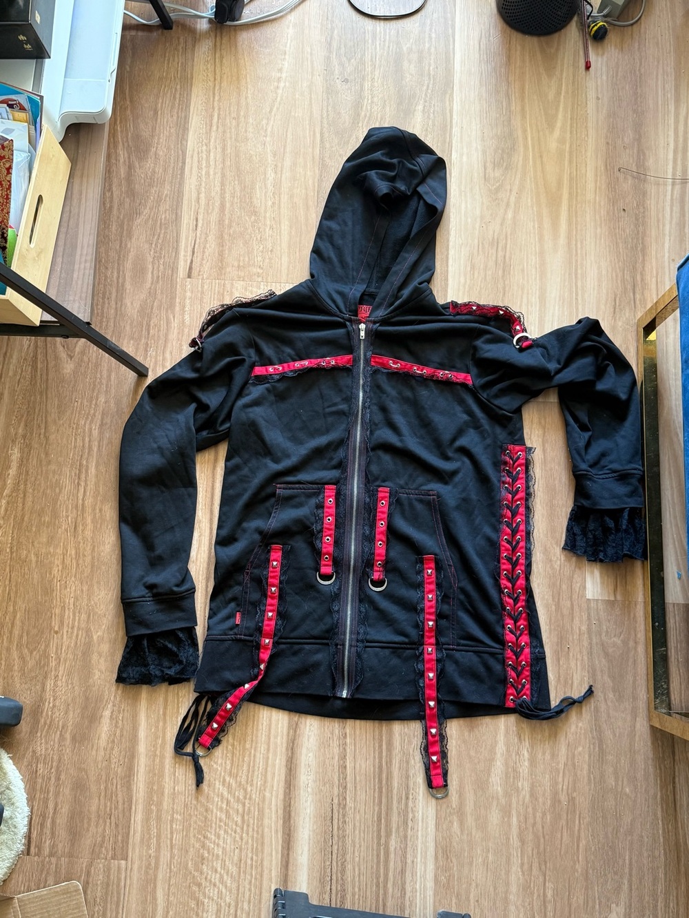 Tripp NYC Black Hoodie Jacket with Red Lace-Up Trim